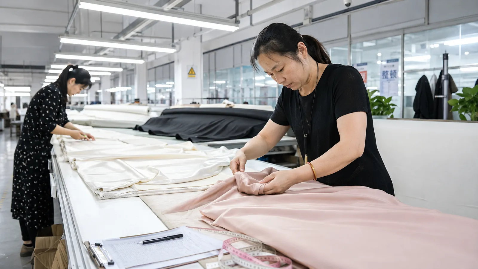 Incoming silk fabric and trim review with fabric handling and measurement support for consistent B2B private label silk orders