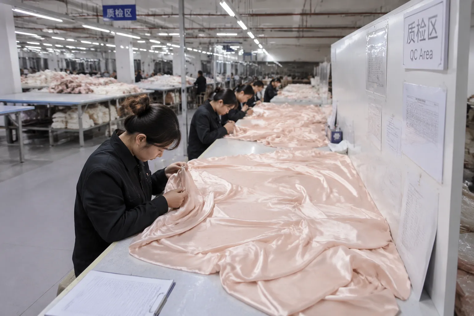 In-process QC team inspecting seams and fabric finish in the OlaSilk factory QC area to support consistent B2B private label silk orders