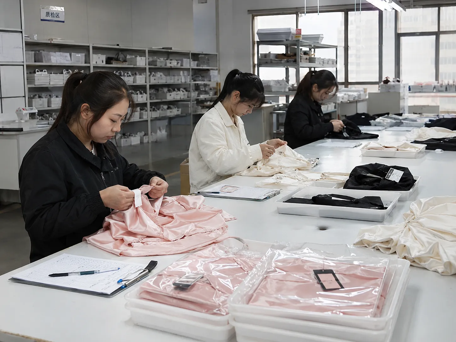 Final inspection before packing at a private label silk manufacturer, checking seams, labels and packaging trays to support consistent quality for B2B