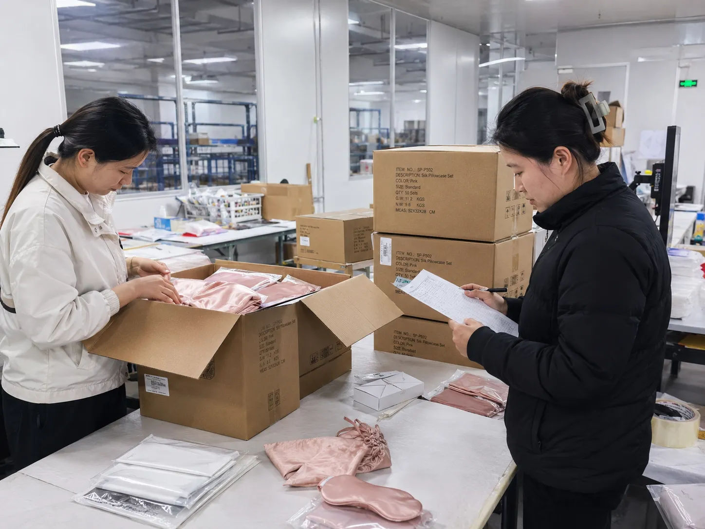 Final inspection before packing as staff review silk products, packaging, and carton details to support consistent quality for B2B private label silk
