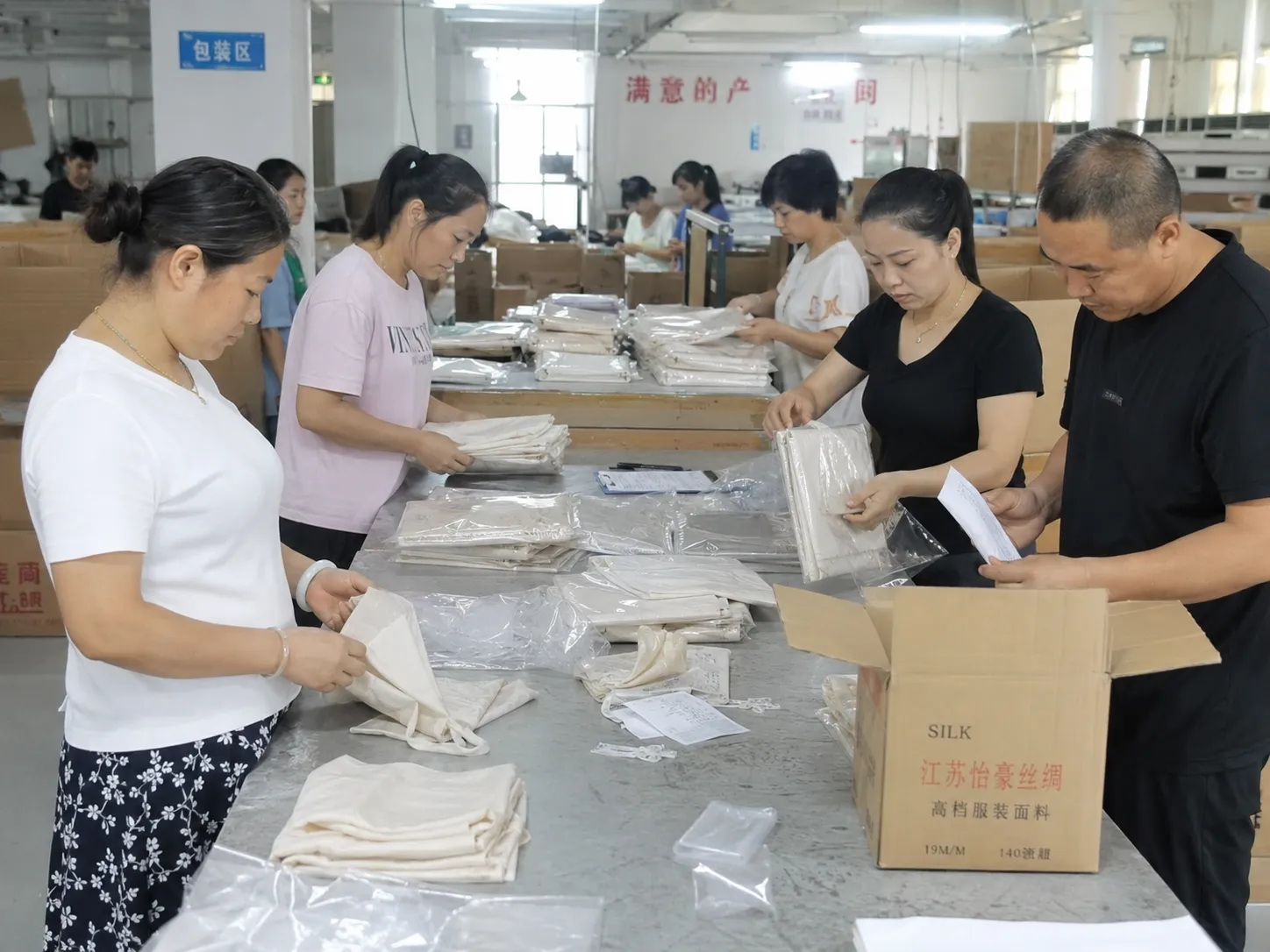 Final inspection before packing, with staff reviewing folded silk products and packaging details to support consistent quality for B2B private label
