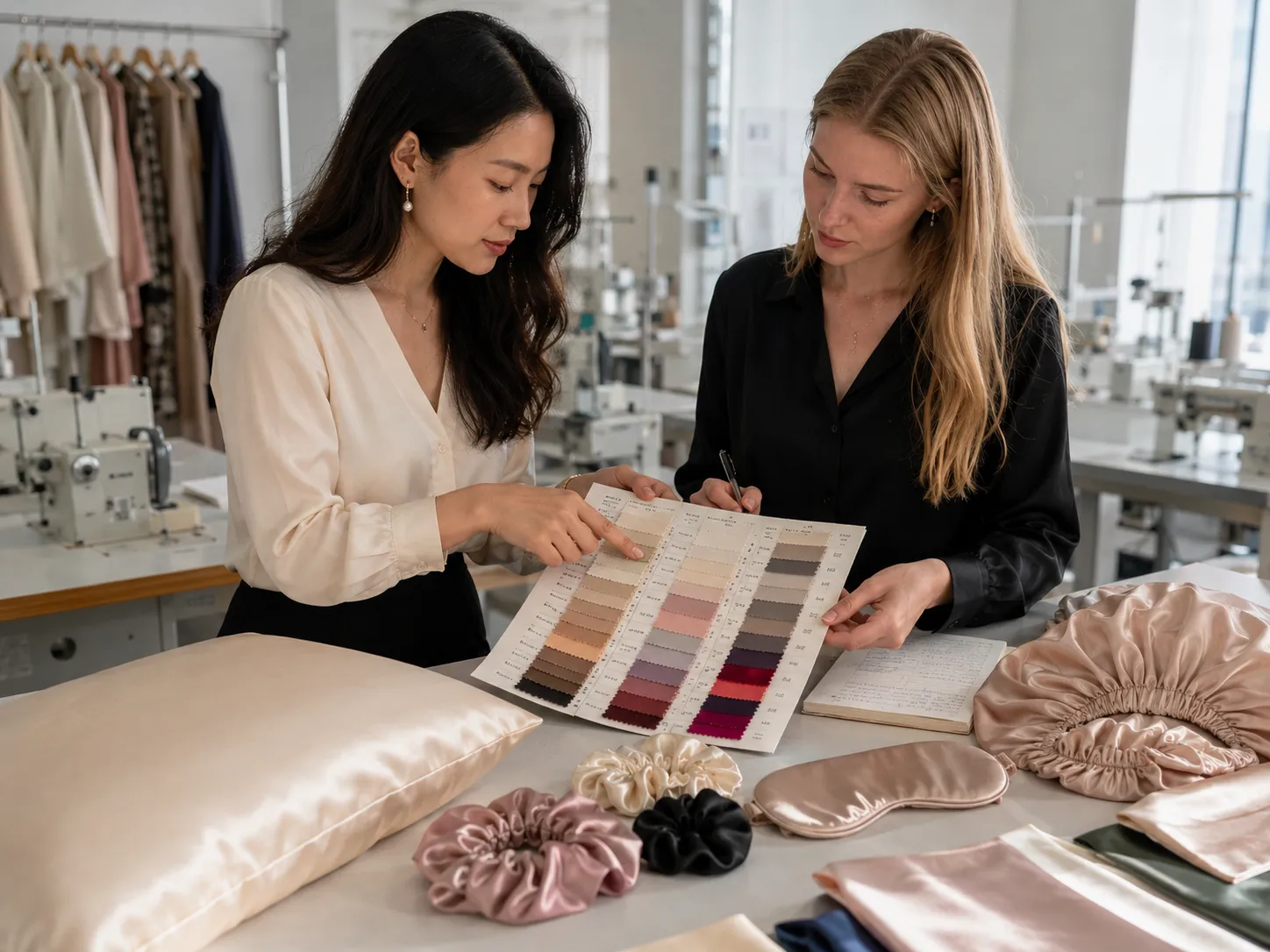OlaSilk team reviewing silk color swatches and product samples in the workroom for B2B private label brand development
