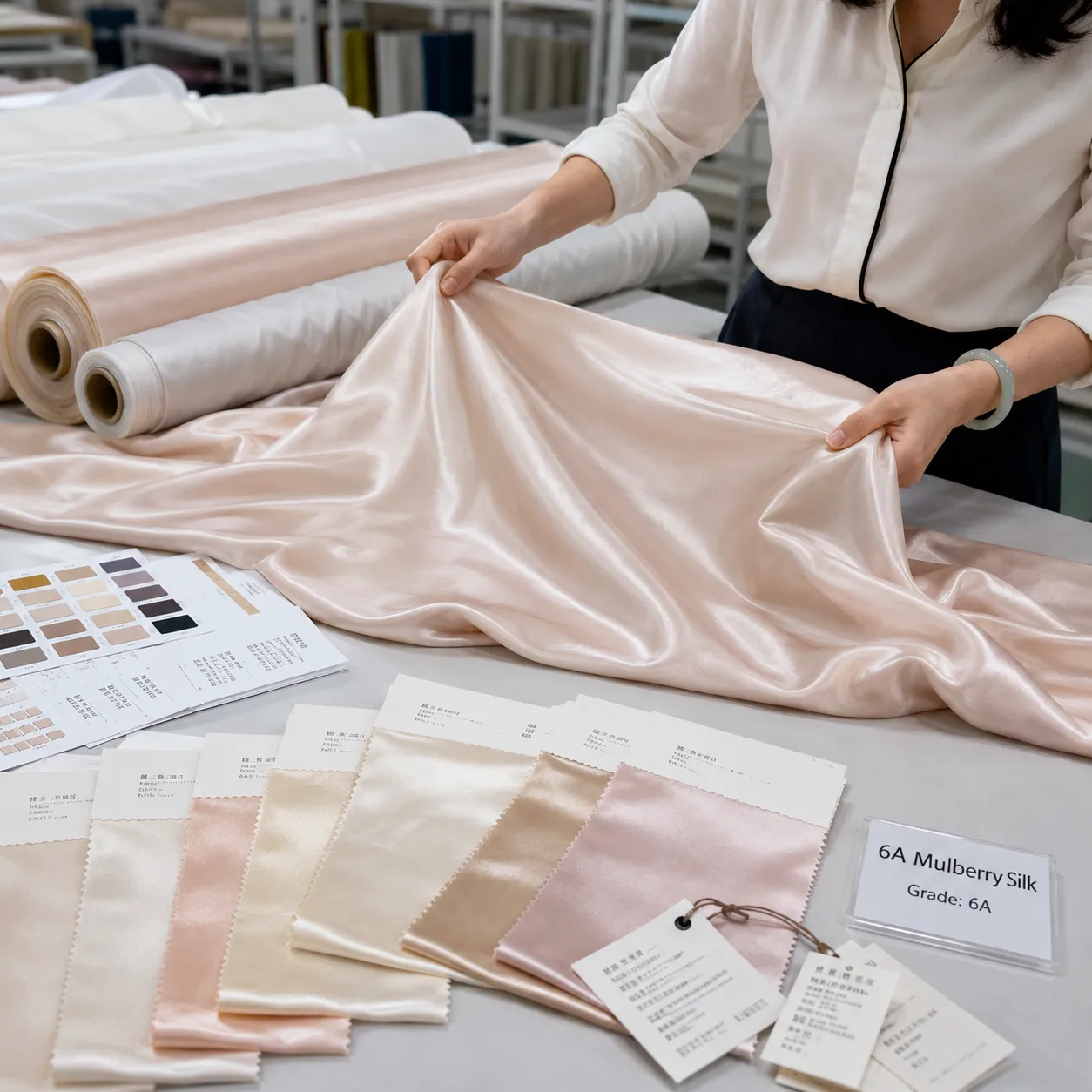 OlaSilk in-house silk material selection with fabric rolls, color swatches and sourcing cards for B2B private label brands