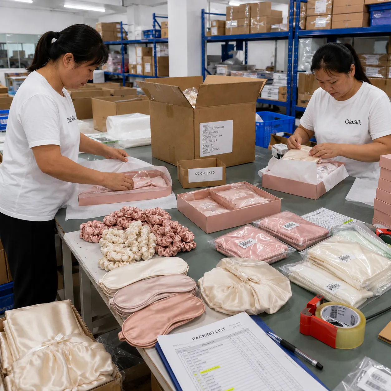 OlaSilk in-house team carefully packing custom branded silk products into gift boxes for B2B private label brands