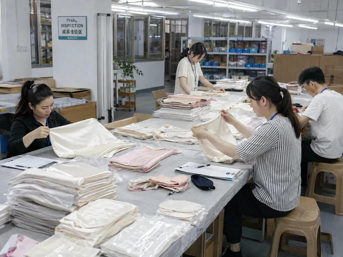 Final inspection process for quality assurance at OlaSilk private label silk manufacturing, ensuring each item meets brand specifications.