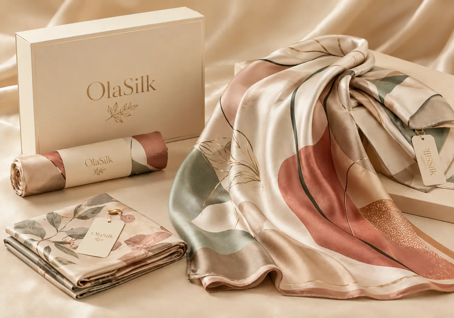 Vista detallada de pañuelos de seda personalizados para marcas de moda y regalos de marca privada, dirigida a compradores B2B de marca privada