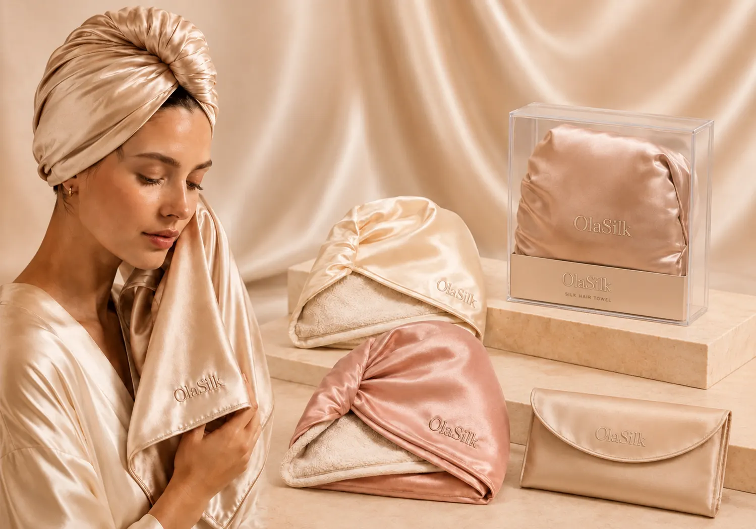 Vue détaillée du produit: serviettes et turbans de séchage en soie personnalisés pour les marques de soins capillaires, destinés aux acheteurs B2B en