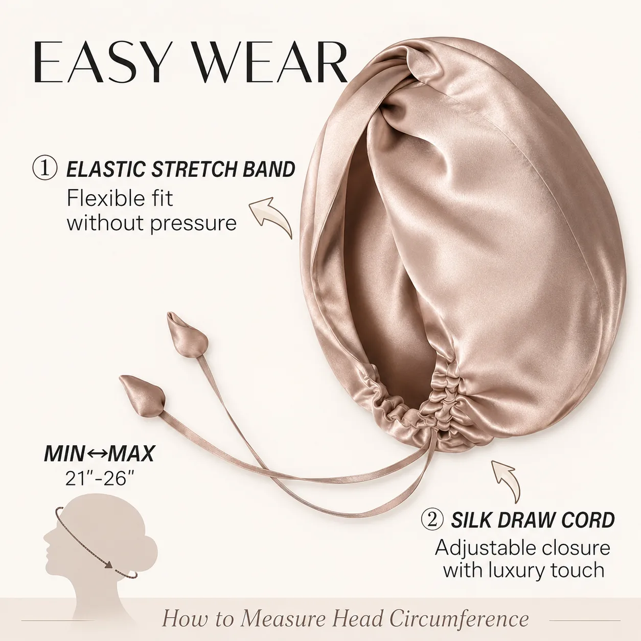 Detail view of private label silk sleep cap with adjustable draw cord, elastic stretch band, and head circumference guide for hair care brand sampling