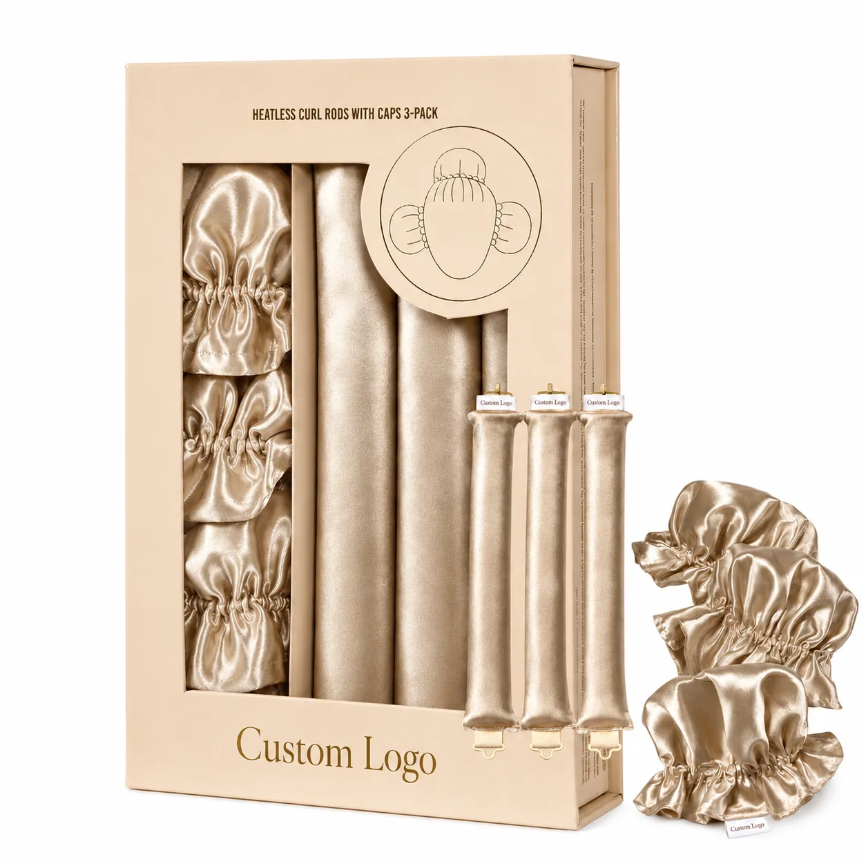 Gift-boxed custom silk heatless curler kit with logo-ready packaging and matching caps for private label hair care collections