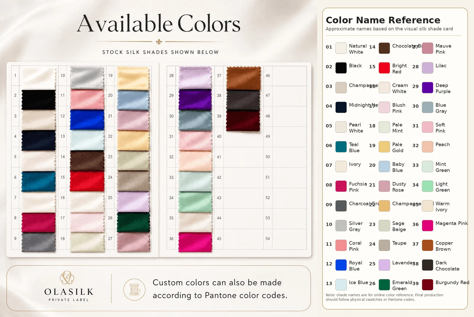 OlaSilk stock silk shade card for custom round silk bonnet color selection and private label brand color matching