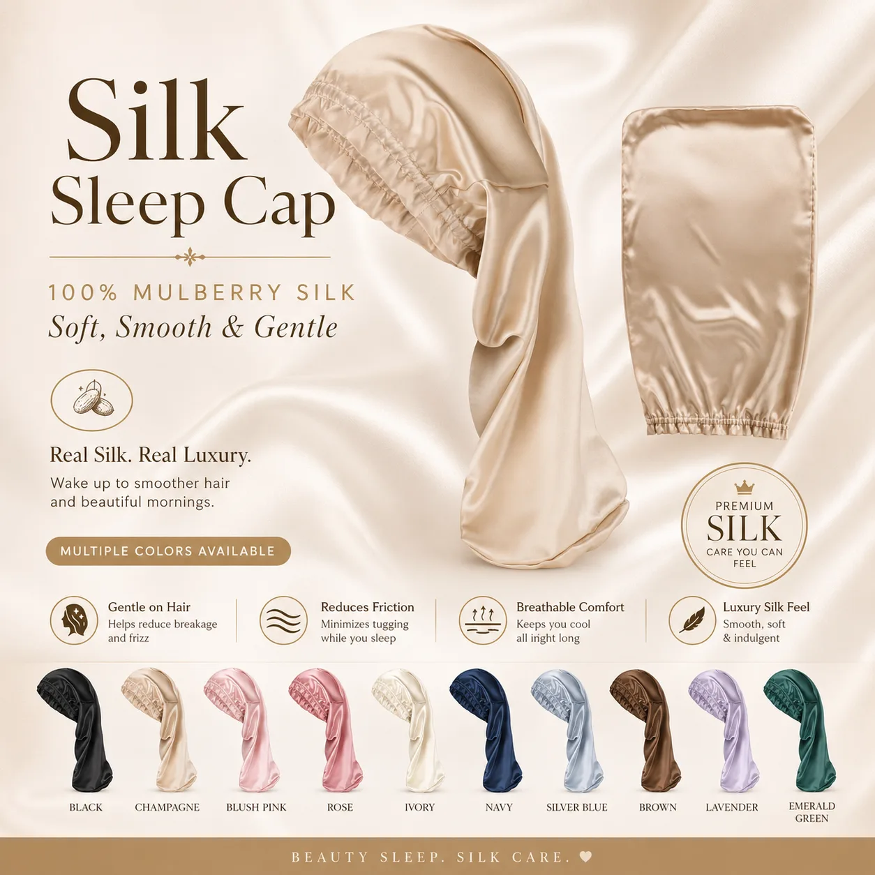 Champagne silk bonnet for wig brands with elastic edge and extended sleep cap shape, shown with private label color options for hair care assortments