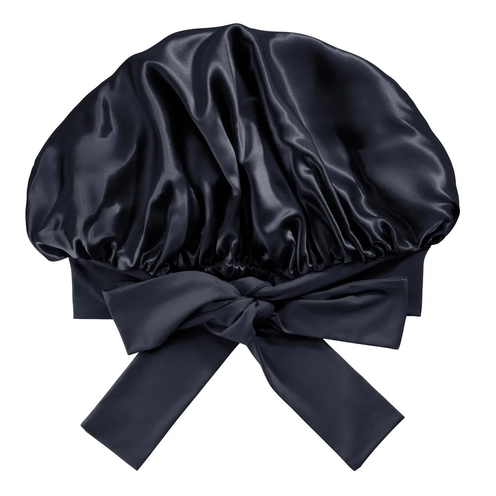 Reversible double layer silk bonnet in brown and ivory with elastic band for private label hair care and beauty brand collections