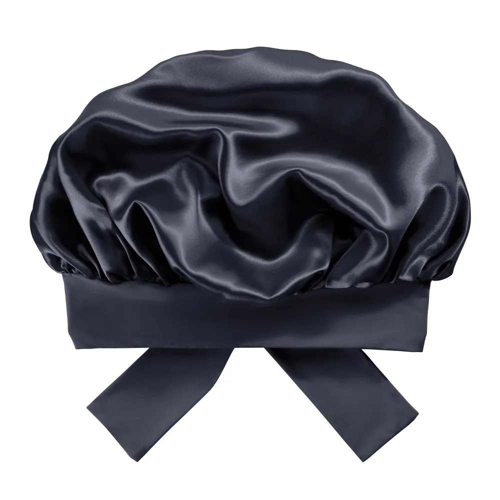 Two-tone double-layer silk bonnet shown from front, inside, and side views for beauty and hair care private label programs