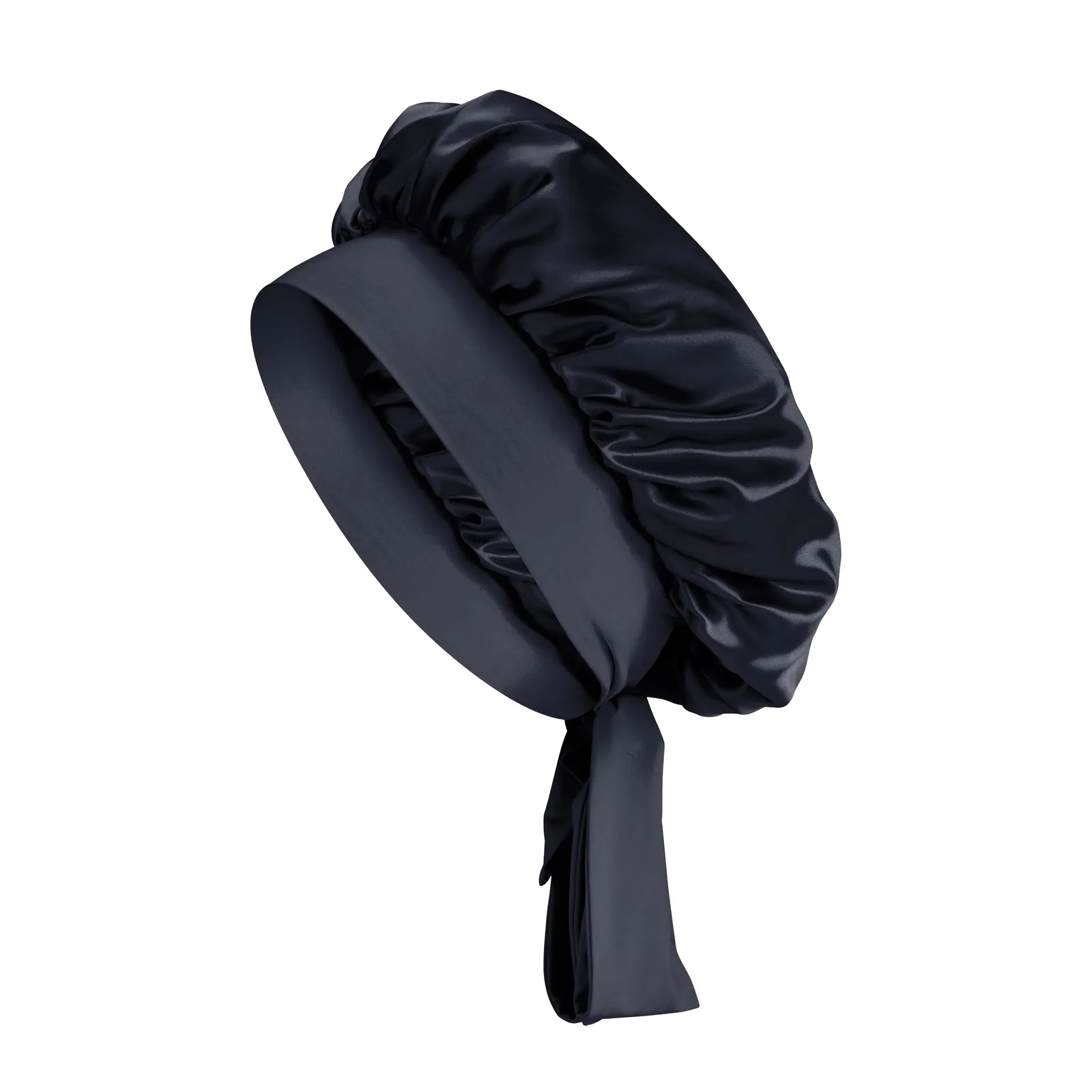 Detail view of dark tie-band silk bonnet for private label hair care and beauty brand customization