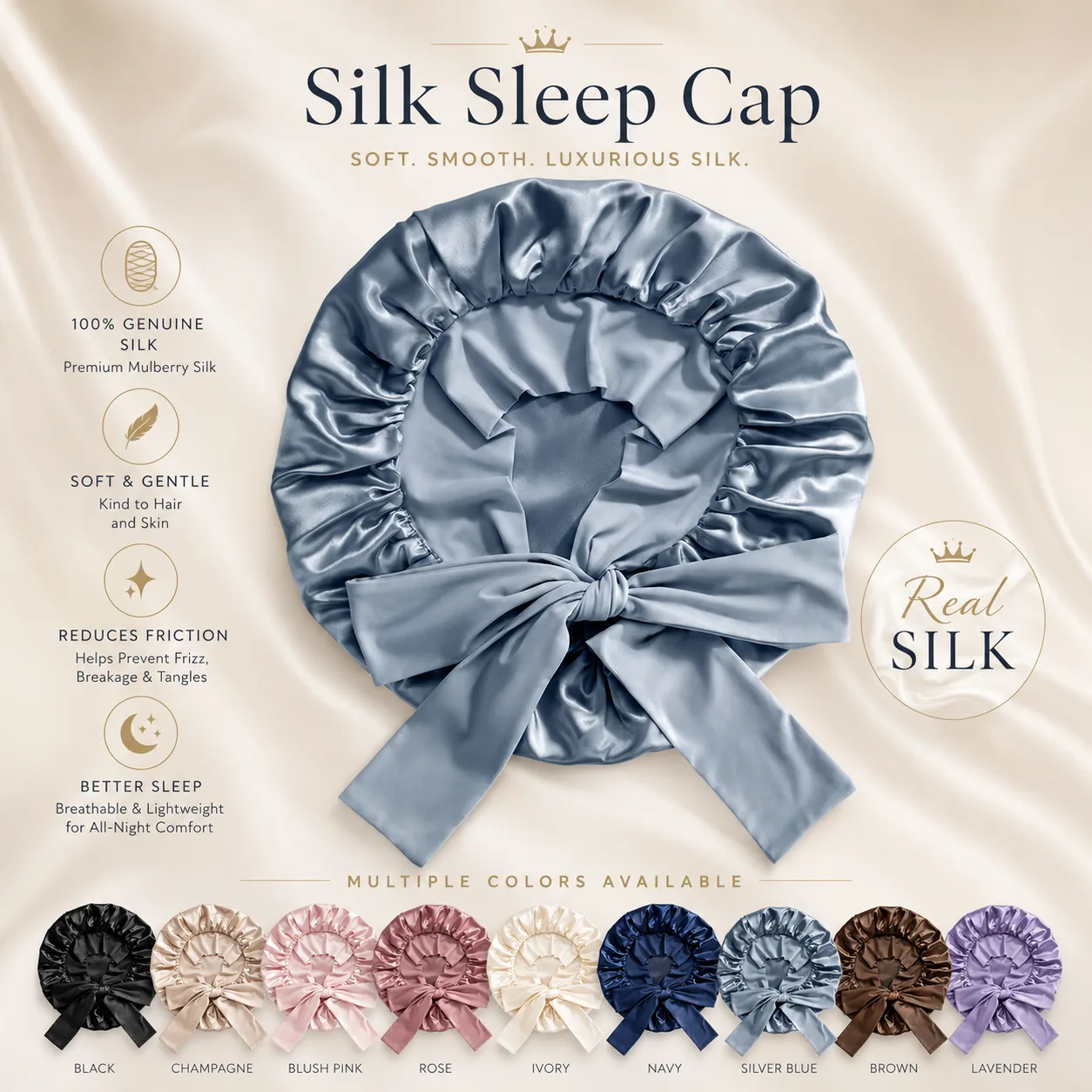 Private label silk bonnet color variant chart with bow-front sleep cap design for hair care and beauty brand collections