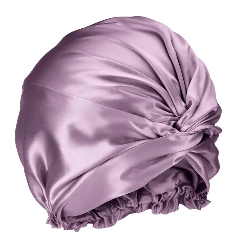 Side detail of lavender custom silk bonnet with gathered edge for private label hair care and gift set programs