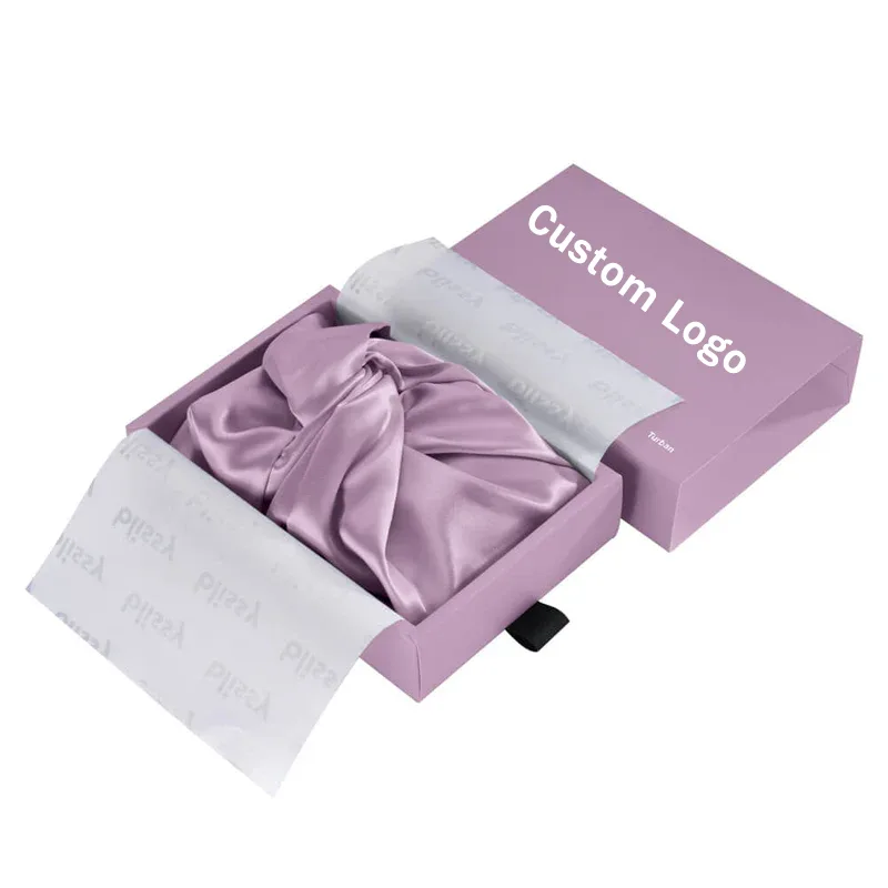 Private label silk bonnet gift box packaging with custom logo placement and branded tissue for retail gift set programs