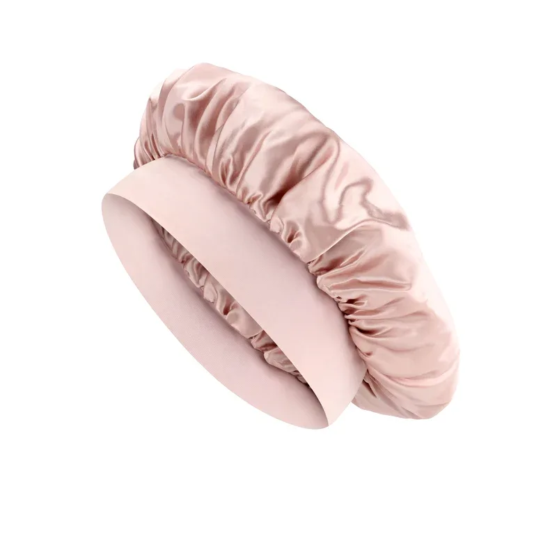 Champagne custom silk sleep cap back and side detail with bow tie, elastic edge, and care label for beauty brand private label review