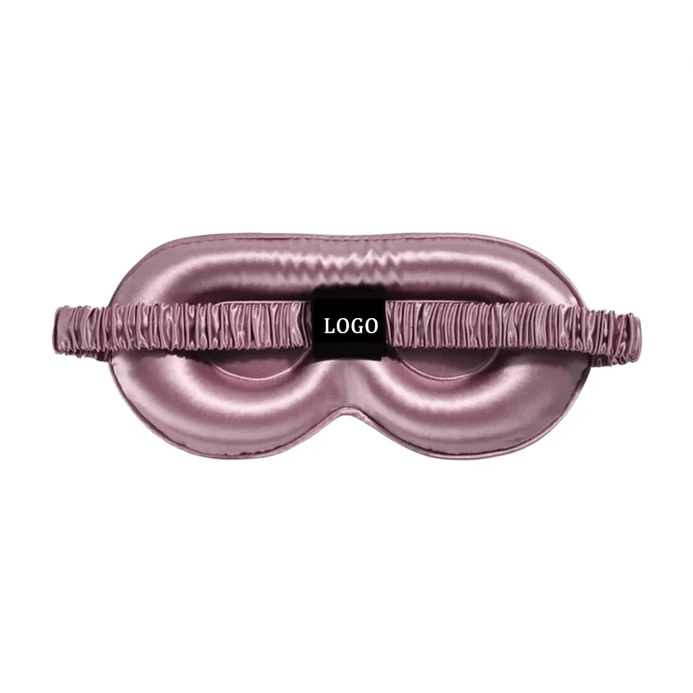 Mauve padded silk sleep mask with ruched elastic strap and logo patch for private label gift and beauty brand programs