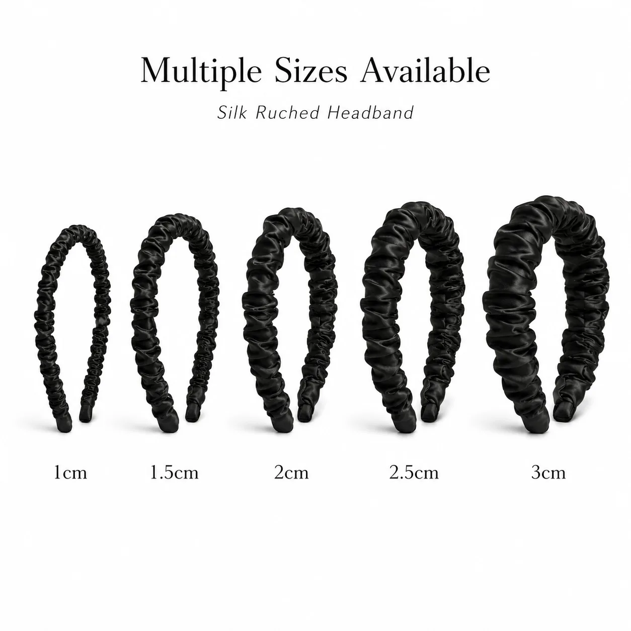 Black ruched custom silk headbands shown in multiple width options for private label beauty and hair accessory brands
