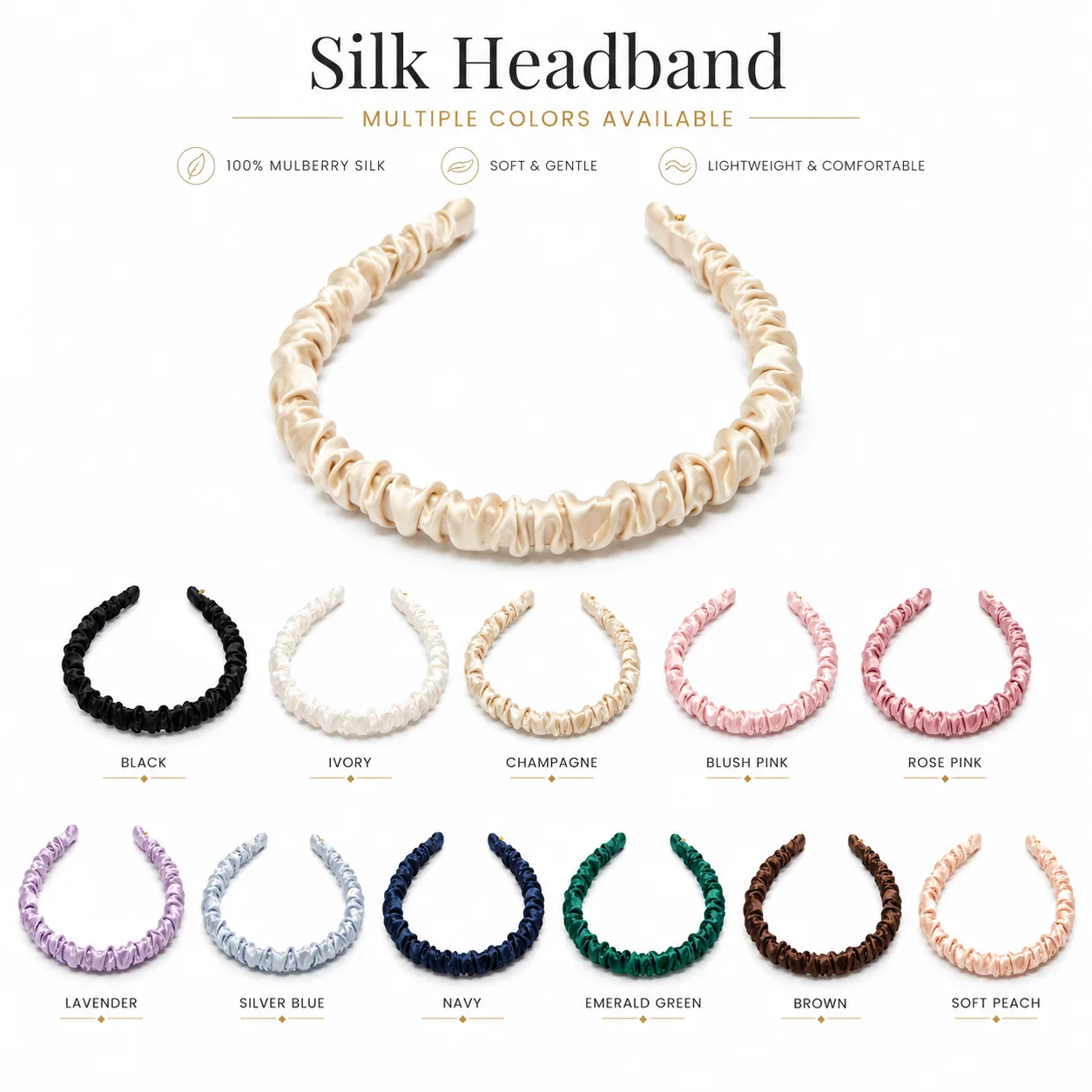 Custom silk headband color range for private label beauty and hair accessory brands with multiple retail-ready shade options