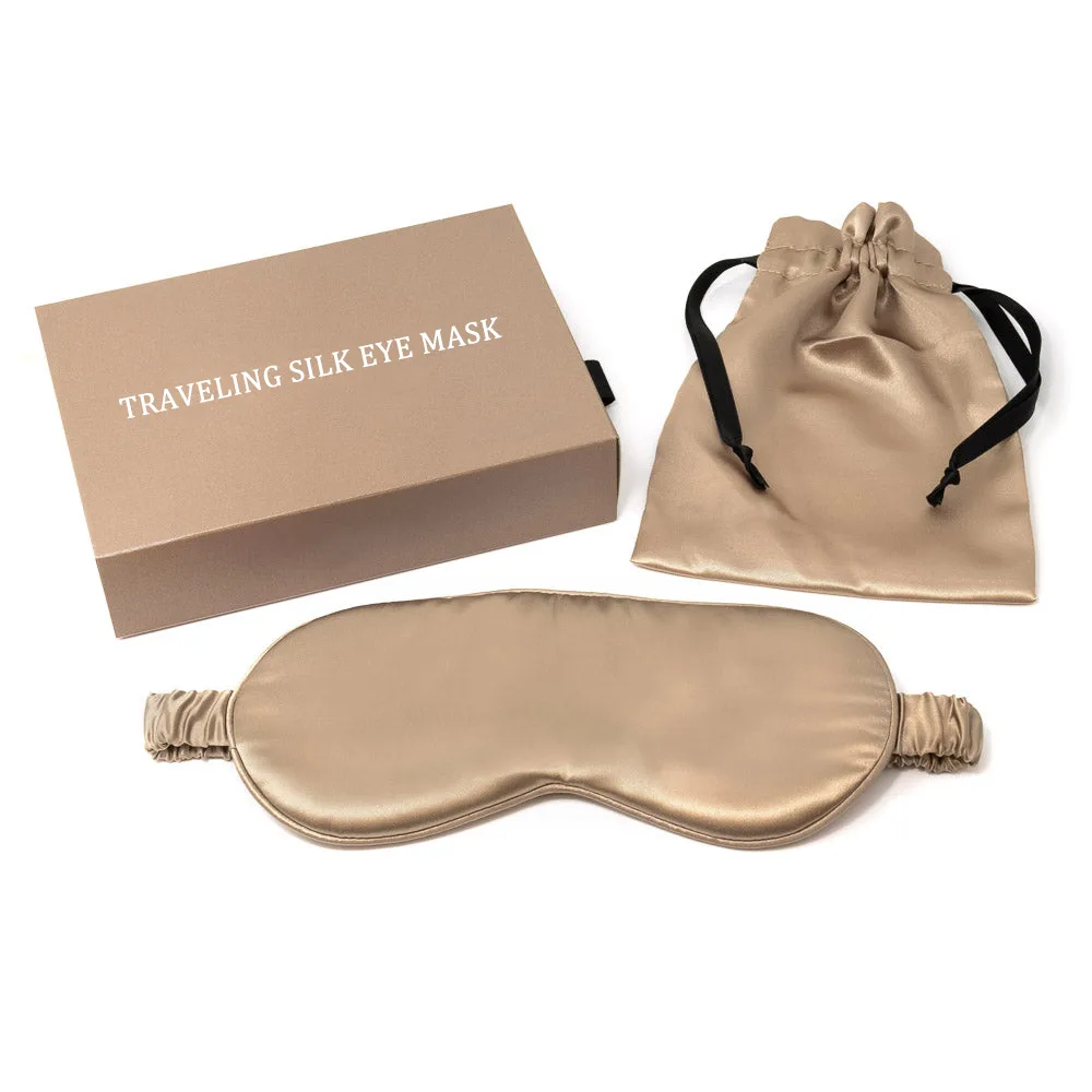 Private label contoured silk sleep mask with matching pouch and travel gift box packaging for brand customization projects
