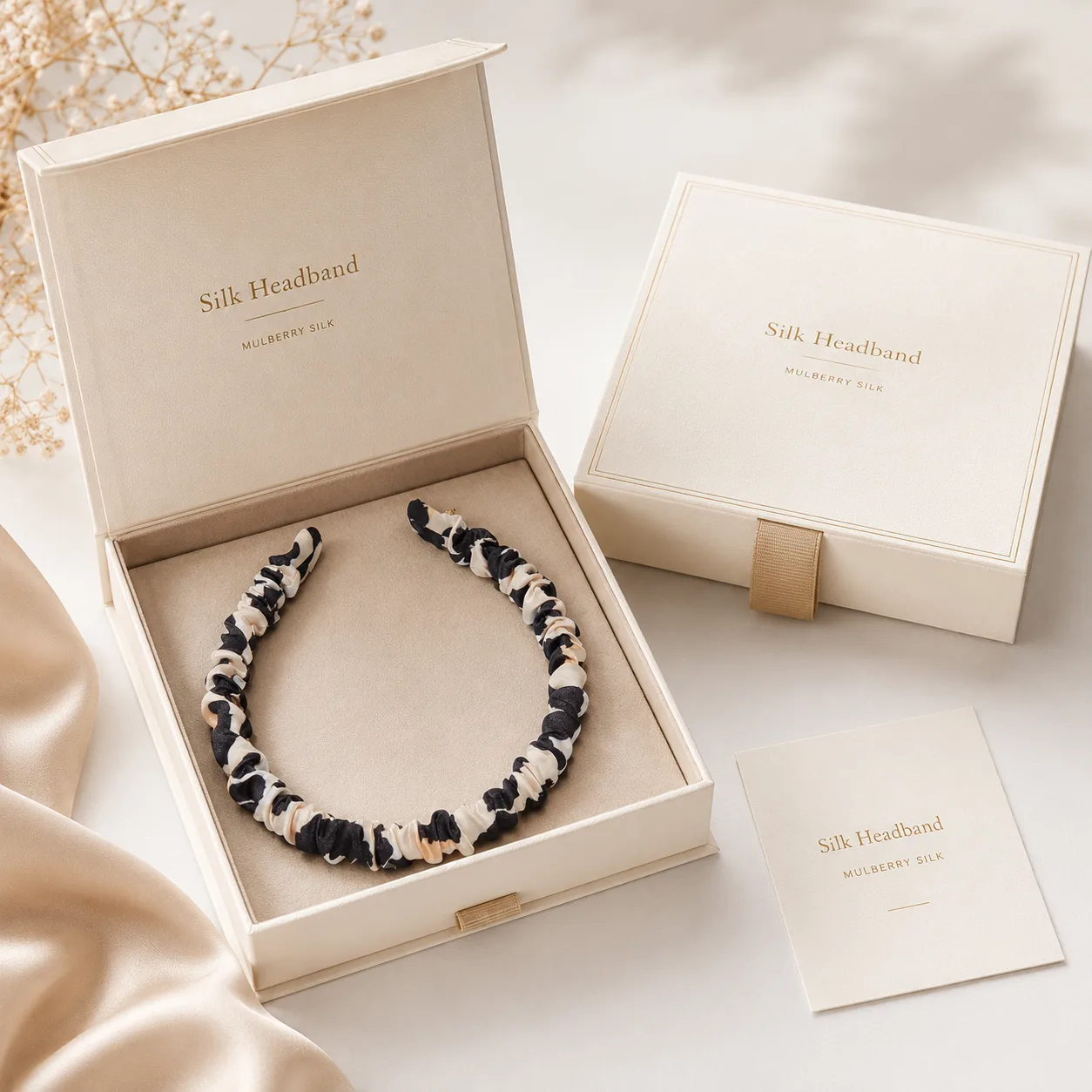 Private label silk headband in branded gift box packaging with insert card for beauty and hair accessory brand customization
