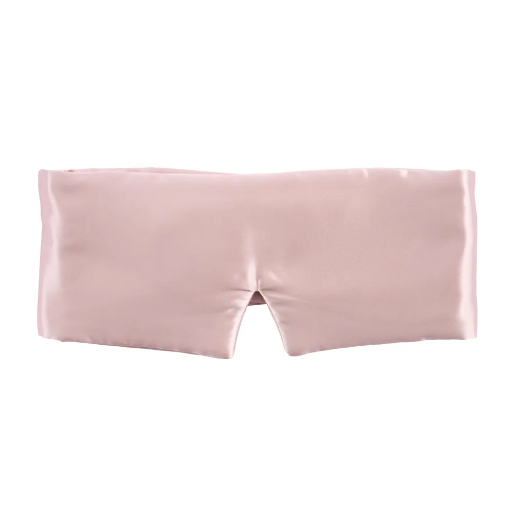 Private label silk sleep mask gift set with blush mask, drawstring pouch, and printed box for branded beauty, spa, travel, and retail gift programs