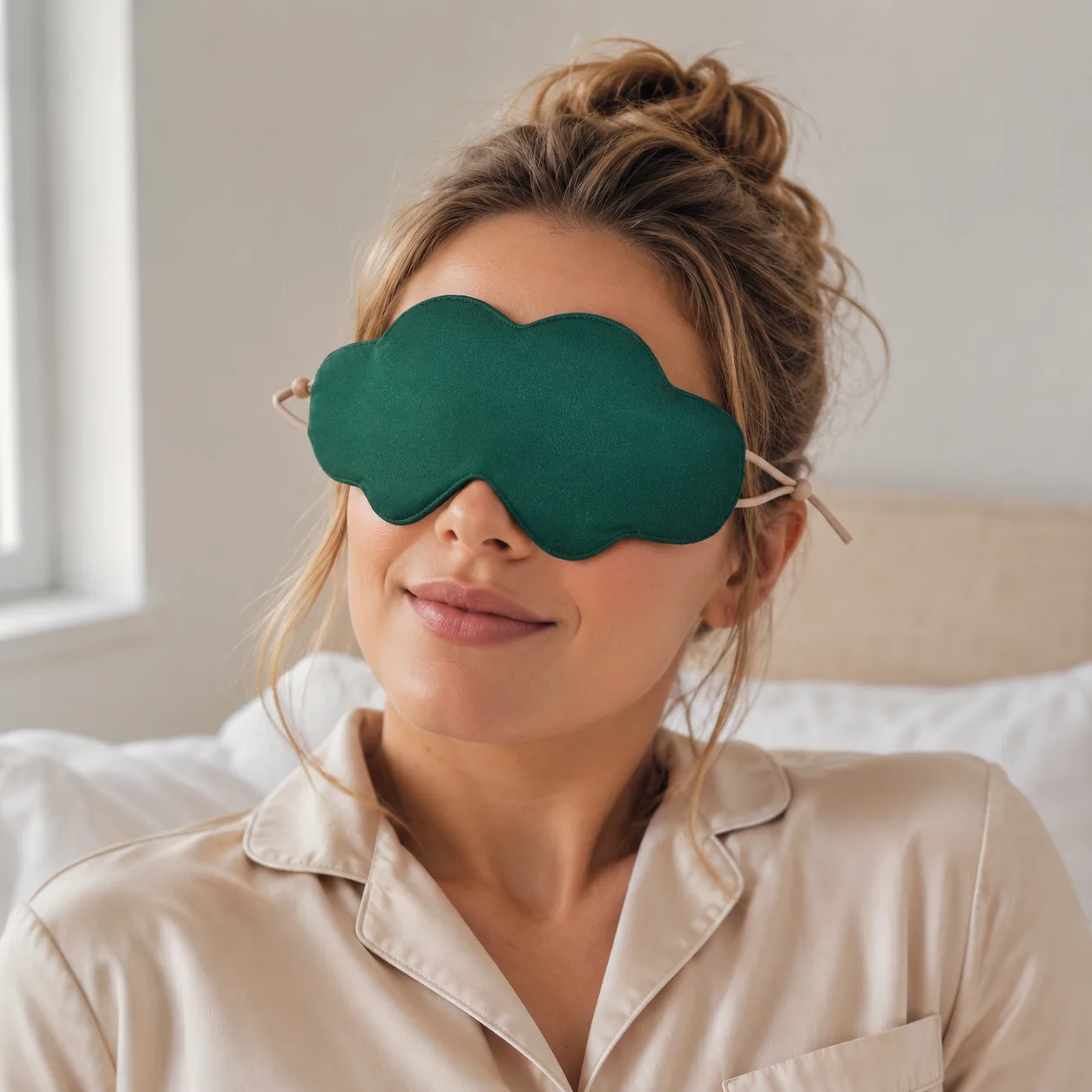 Cloud-shaped ear-loop silk sleep mask in dark green lifestyle scene for private label spa, travel, and gift programs