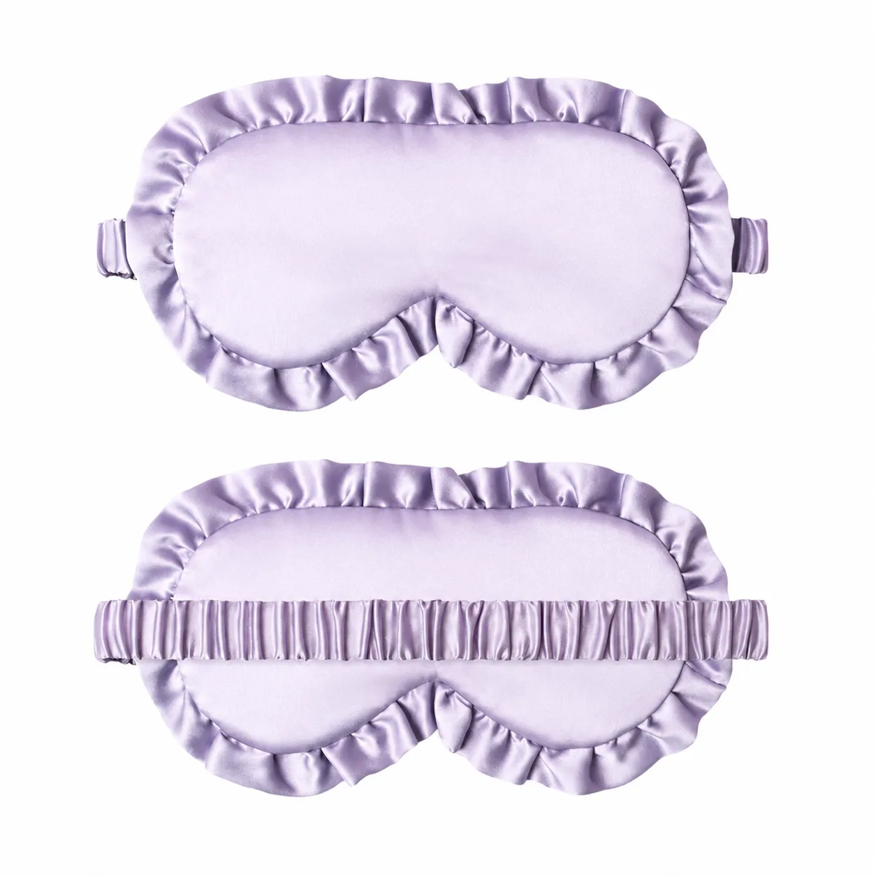 Lavender ruffle silk sleep mask with matching gathered strap for private label beauty, spa, travel, and gift brand customization