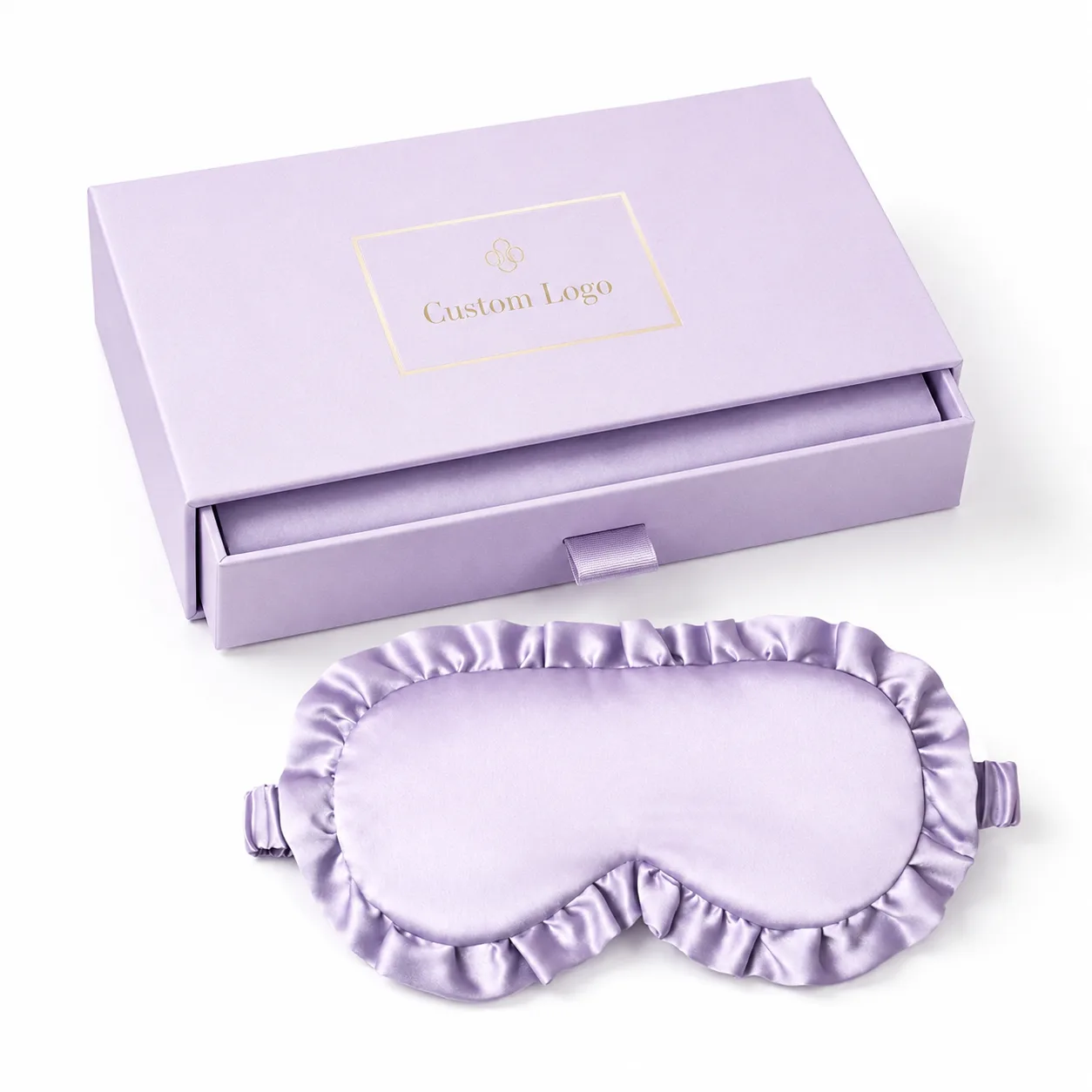 Lavender ruffle silk sleep mask with matching custom logo gift box for private label beauty, spa, and travel programs