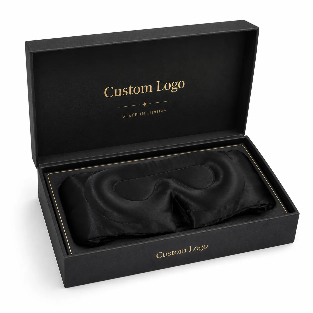 Private label 3D molded silk sleep mask in black custom logo gift box for beauty, travel, spa, and gift brand packaging review