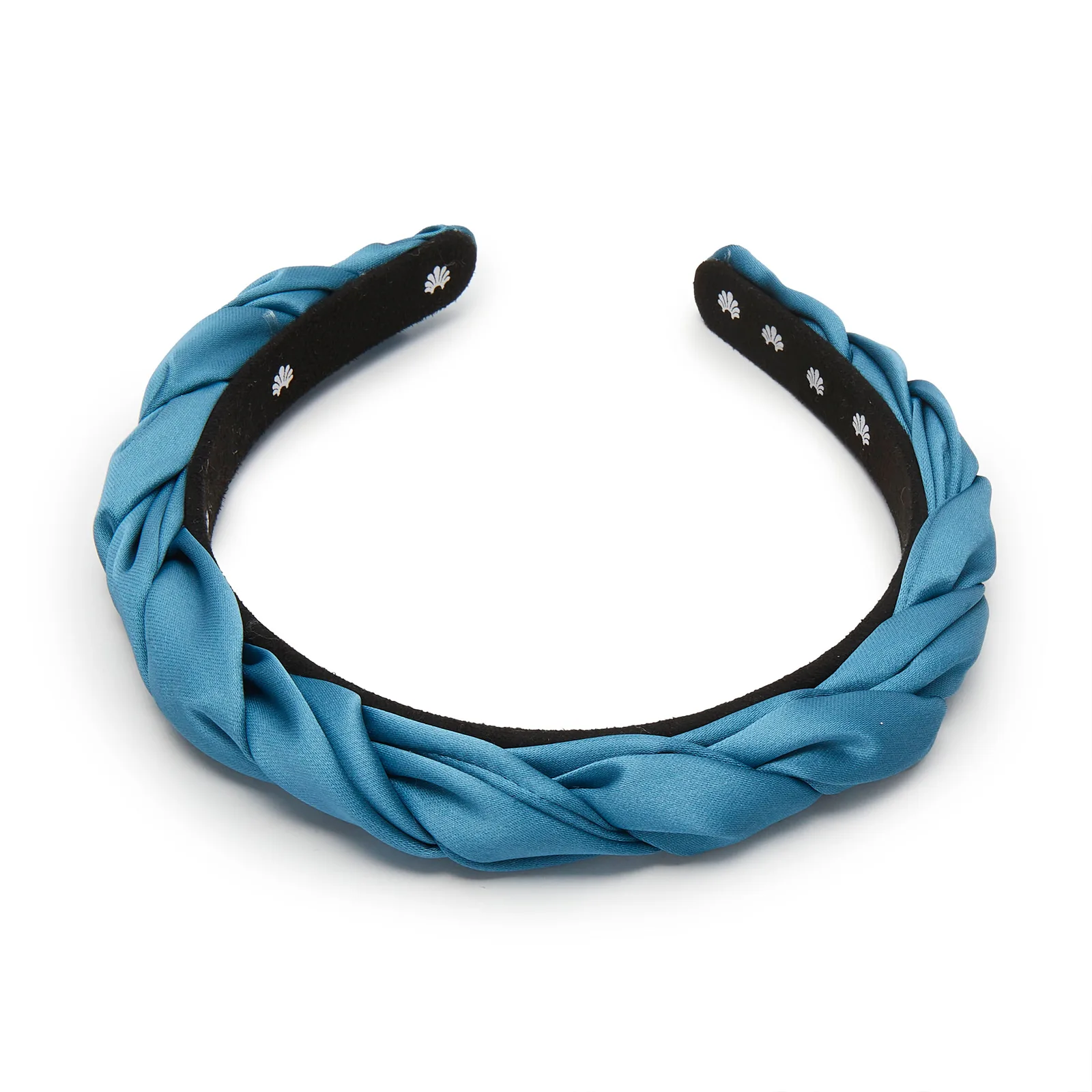 Detail view of blue braided silk headband with black inner band for custom private label accessory programs