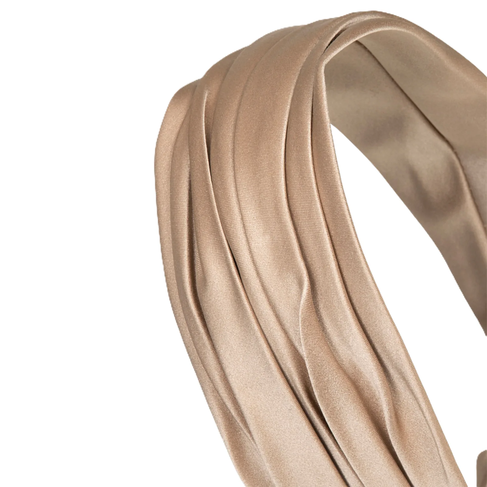 Detail view of a champagne pleated custom silk headband style for private label beauty and hair accessory brand review