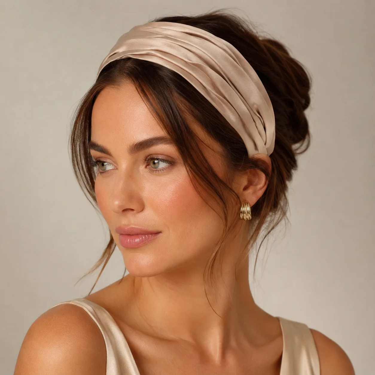 Champagne pleated custom silk headband styled on model for private label beauty and hair accessory brands
