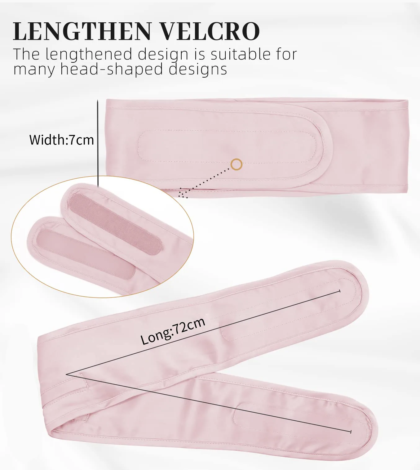 Detail view of pink custom silk headband with extended hook-and-loop closure for private label beauty and hair accessory programs