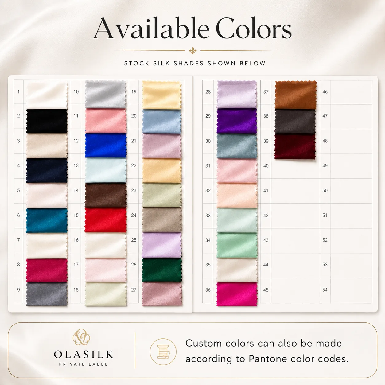 Color swatch chart for private label classic flat silk sleep mask with stock shade options and Pantone color matching