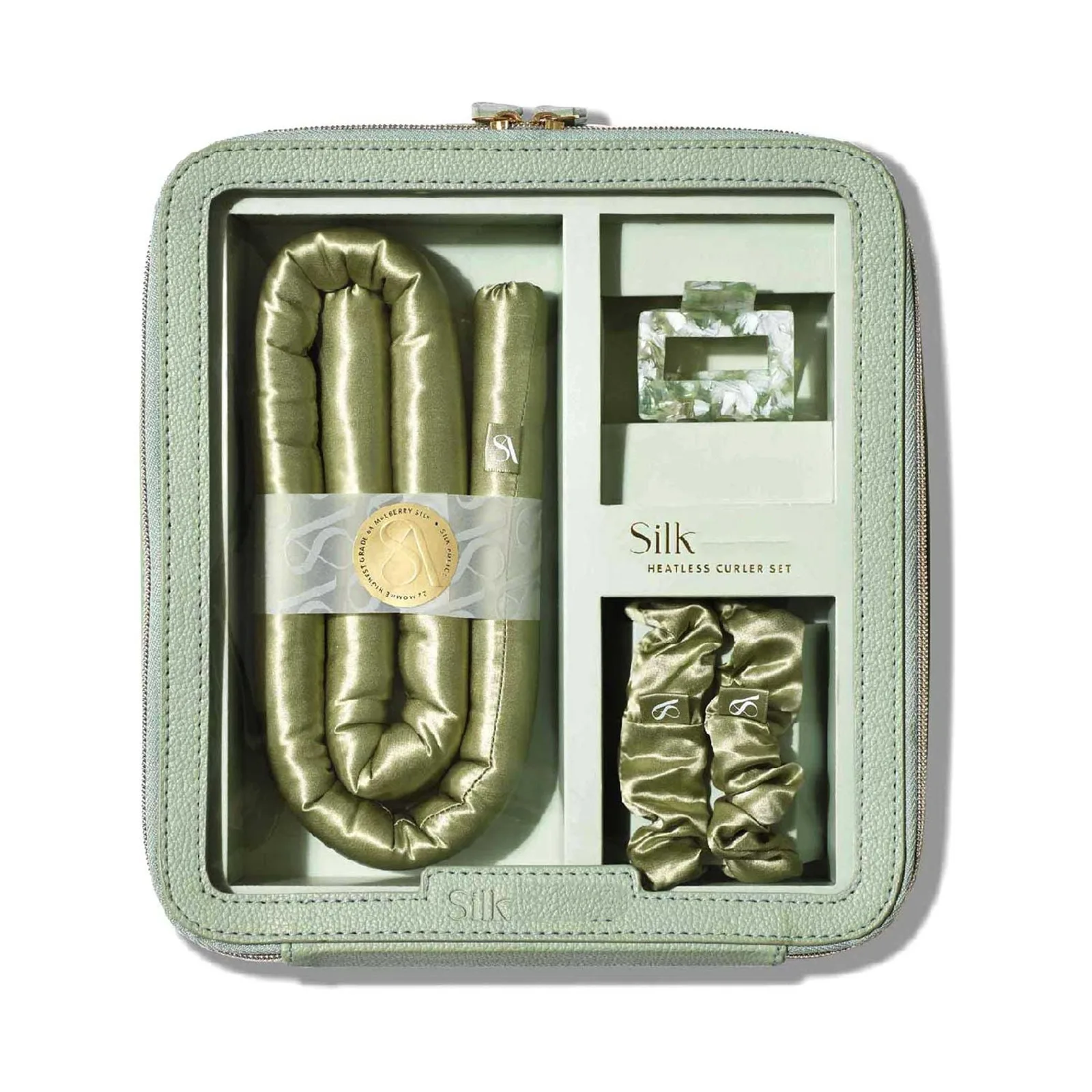 Private label silk heatless curler set in sage green zip gift packaging with organized compartments for branded hair care collections