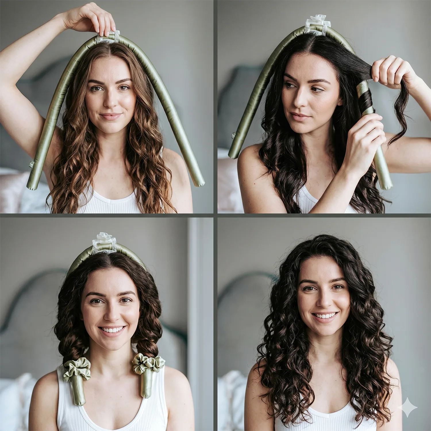 Olive silk heatless curler set shown in four-step lifestyle use with finished curls for private label hair care and beauty gift collections