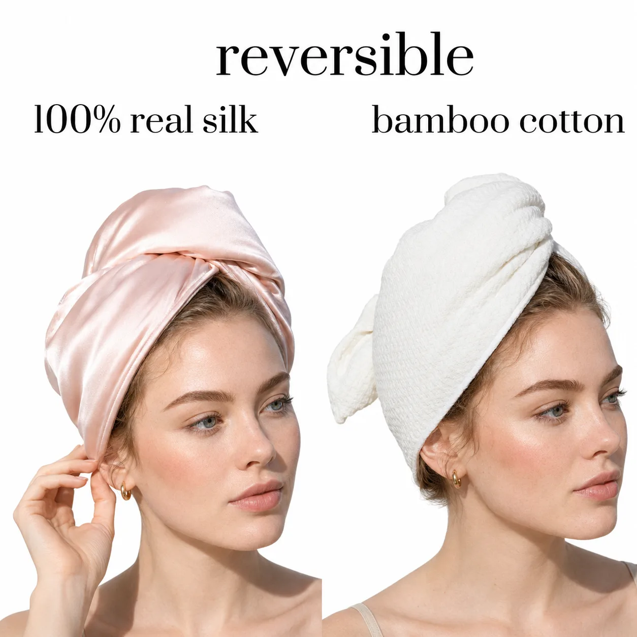 Reversible custom silk hair towel turban showing smooth silk-look side and textured towel side for private label hair care and beauty brand programs