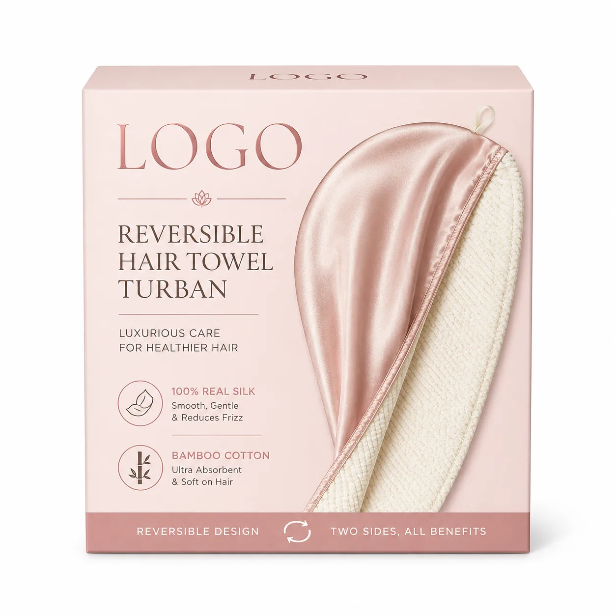 Private label custom silk hair towel turban packaging with logo placement and reversible product display for beauty and hair care brands