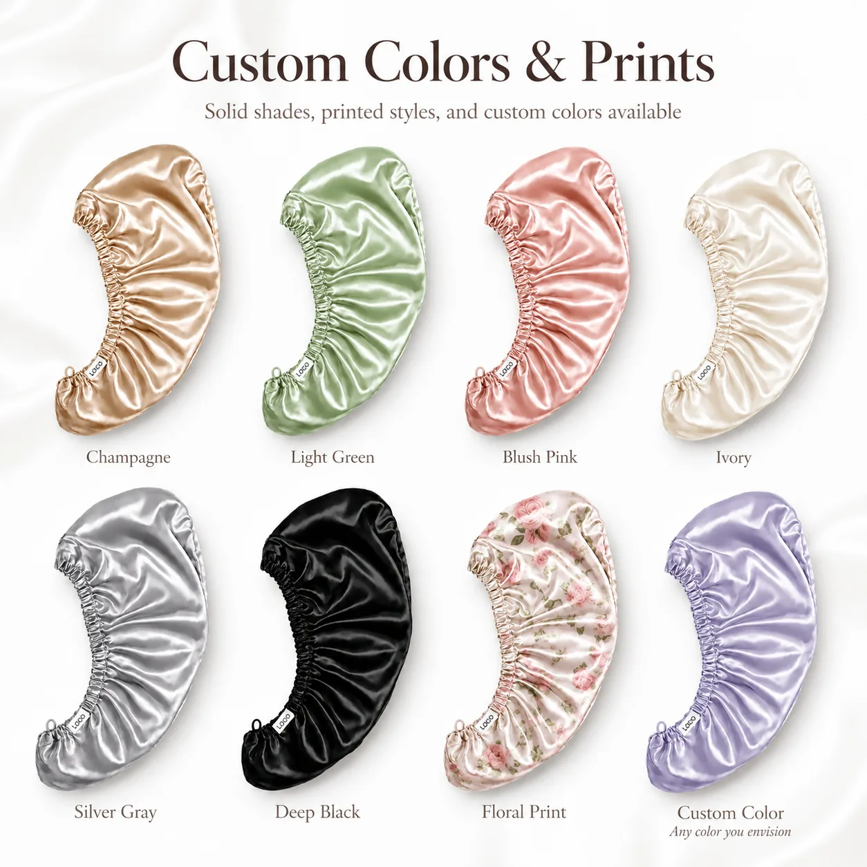 Custom silk hair towel button closure drying wrap color and print options for private label beauty and hair care brands