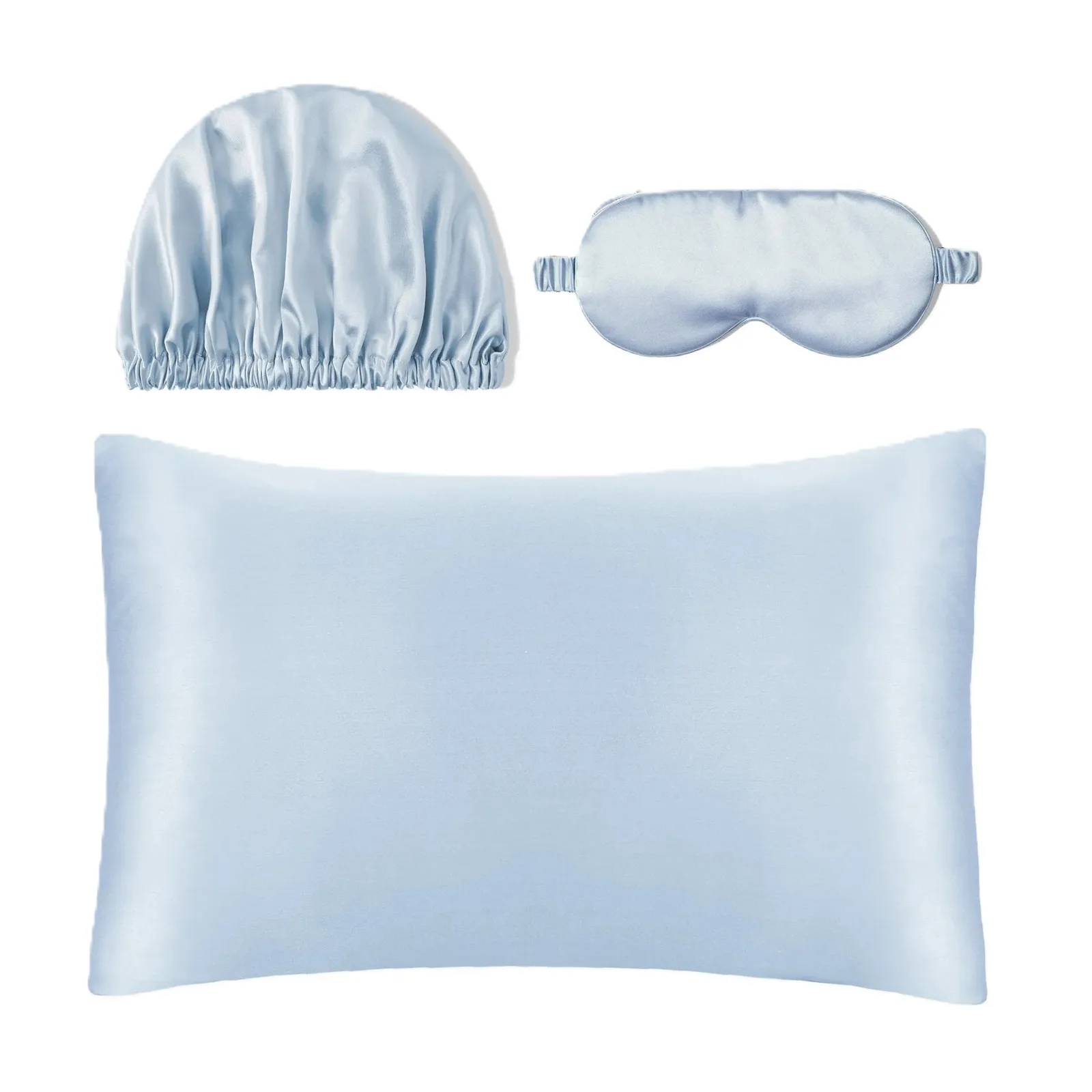 Light blue private label silk sleep gift set with pillowcase, sleep mask, bonnet, and drawstring pouch for beauty and travel programs