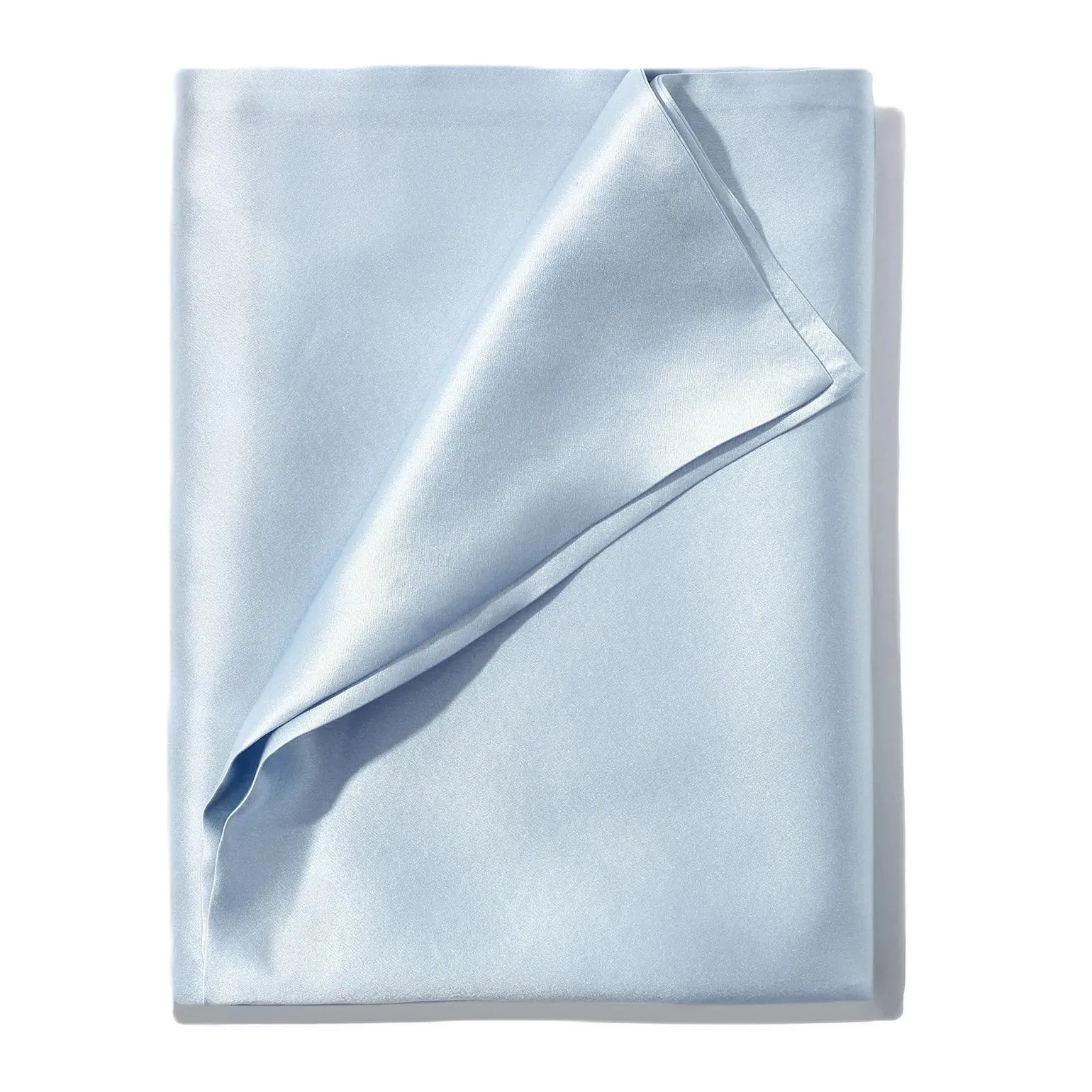 Light blue folded silk-style gift set detail showing smooth sheen and edge finish for private label beauty, spa, and retail programs