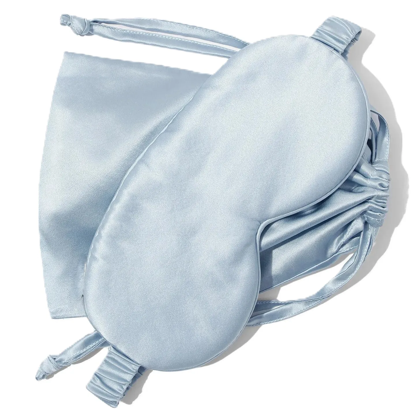 Light blue custom silk gift set style with sleep mask, matching pouch, and coordinated accessories for private label beauty, spa, and travel programs
