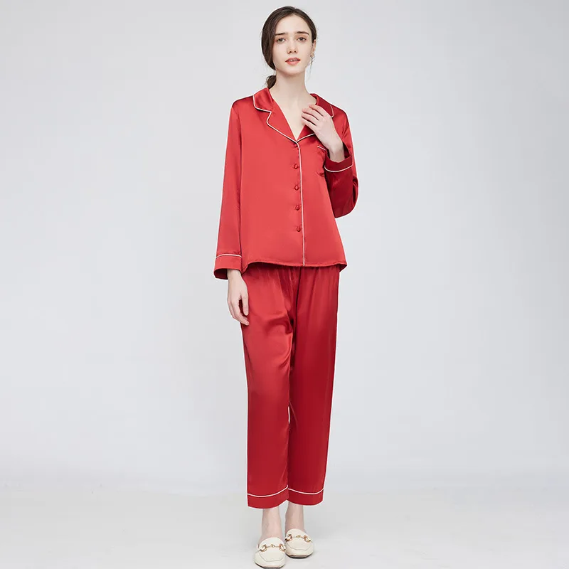 Red long sleeve button front pajama set with contrast piping for custom silk sleepwear private label color review