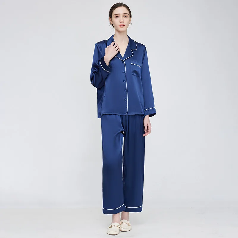 Navy long sleeve pajama set with contrast piping for private label sleepwear brand color review