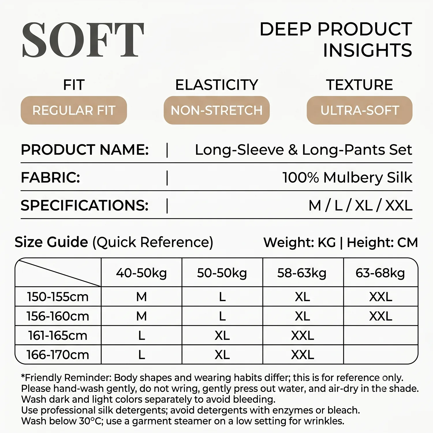 Size guide and product detail chart for custom long-sleeve silk pajama set for private label sleepwear brands