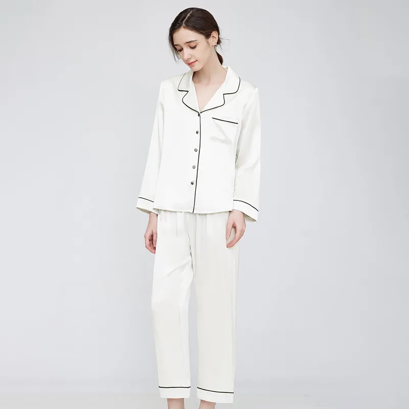 White custom silk pajama set with black piping for private label sleepwear brand color variant review