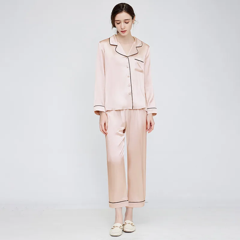 Blush pink button-front custom silk pajama set with contrast piping for private label sleepwear brand color review